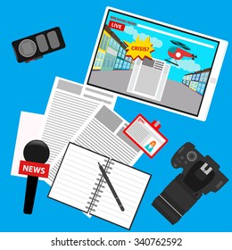 Breaking news theme. Set in trendy flat style, objects isolated on bright stylish blue background