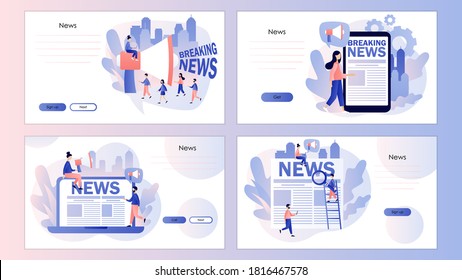 Breaking news. Tiny people read news online using smartphone  laptop or newspaper. Screen template for mobile smart phone, landing page, template, ui, web, mobile app, poster, banner, flyer. Vector 