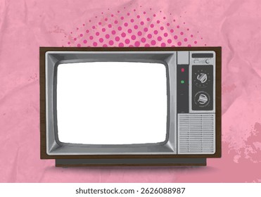 Breaking news. Trendy art collage. Retro TV on pink background. Art concept, surrealism, news, sales, information, discounts. Place for advertising text