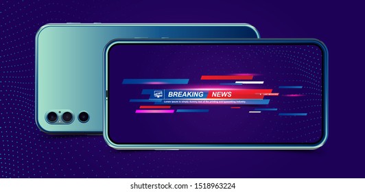 Breaking News in trendy glitch effect. TV in realistic smartphone on blue background. Concept for screen TV channel. Flat vector illustration EPS10.