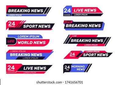 Breaking news TV banners set. Lower header, channel name or emblem with text, third part bottom line. Flat vector illustrations for television, broadcasting, video content concept