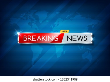 Breaking news TV screensaver, vector media broadcast channel publication, urgent announcement. Global event report, live news typography on sparkling metal banner at blue background with world map