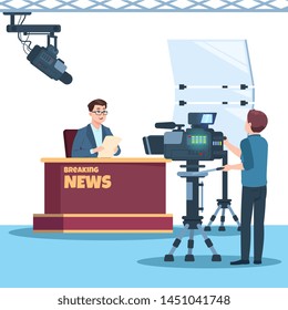 Breaking news tv show studio. Anchorman, cameraman, spotlights and camera vector illustration. Tv studio show, television reportage, correspondent and journalism