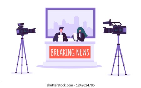 Breaking news tv studio, mass media. Professional journalists characters reading urgent news. TV studio with video cameras, microphones. Live news show. Vector illustration