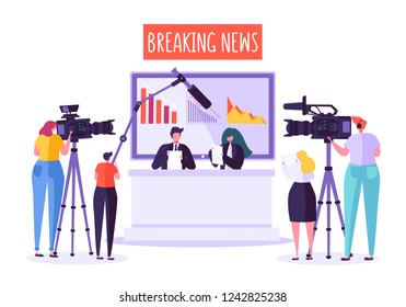 Breaking news tv studio, mass media. Professional journalists characters reading urgent news. TV studio with video cameras, microphones, cameramen and assistants. Live news show. Vector illustration