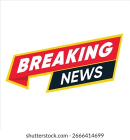 Rompiendo el Anuncio de Vector de Noticias. Una etiqueta roja, amarilla y azul moderna para una transmisión de televisión, un informe en vivo o un anuncio importante de los medios. Aislado en un fondo blanco