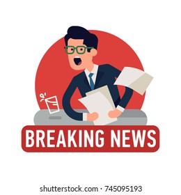 Breaking news vector flat illustration with shouting news presenter character. Extra live report. Press media visual