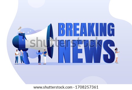 Breaking news vector illustration concept, Big megaphone with Breaking News word and people with gadgets around, can use for landing page template, ui, web, mobile app, poster, banner, flyer. 