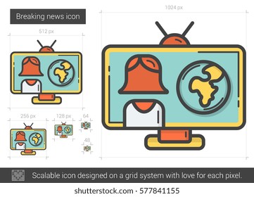 Breaking news vector line icon isolated on white background. Breaking news line icon for infographic, website or app. Scalable icon designed on a grid system.