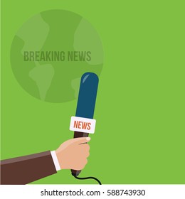breaking news vector on TV & radio. News vector concept  illustration. Journalism style modern. Human hand with a flat design funny & long mic. Microphone in one hand of journalist on green background