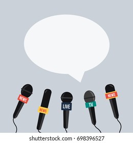 breaking news vector on TV and live with Speech bubble & record. simple mic. Journalism on flat design gray background. concept & creative Microphone press & mike cartoon for media politic or sport