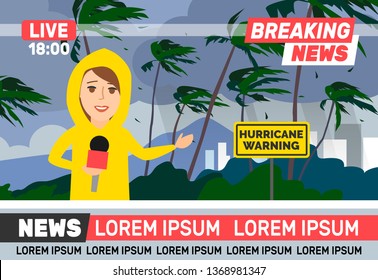 breaking news woman reporter journalist wearing yellow rain coat live broadcasting stormy weather hurricane  live translation