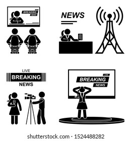 Breaking news woman stick figure vector icon pictogram. Journalist, camera man, speaker, tv presenter silhouette