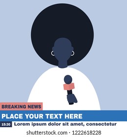 Breaking news. Young black female reporter holding a microphone. Mockup. Copy space. Flat editable vector illustration, clip art