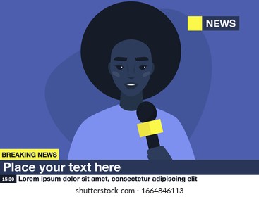 Breaking news, Young black female reporter holding a microphone, Mockup, Copy space, your text here