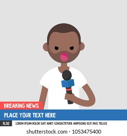 Breaking news. Young black serious reporter holding a microphone. Mockup. Copy space. Flat editable vector illustration, clip art