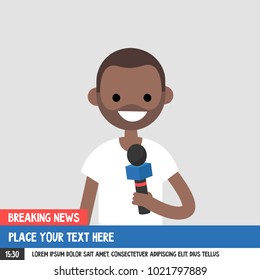 Breaking news. Young black smiling reporter holding a microphone. Mockup. Copy space. Flat editable vector illustration, clip art?