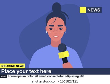 Breaking news, Young female reporter holding a microphone, Mockup, Copy space, your text here