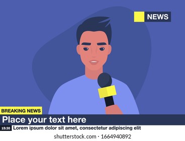 Breaking news, Young male reporter holding a microphone, Mockup, Copy space, your text here