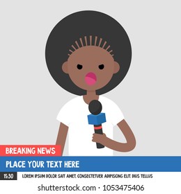 Breaking news. Young serious reporter holding a microphone. Mockup. Copy space. Flat editable vector illustration, clip art