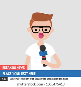 Breaking news. Young serious reporter holding a microphone. Mockup. Copy space. Flat editable vector illustration, clip art