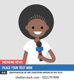 Breaking news. Young smiling reporter holding a microphone. Mockup. Copy space. Flat editable vector illustration, clip art