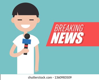 Breaking news,Young character reporter holding a microphone.Flat cartoon design