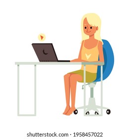 Breaking online news. Girl blonde sitting at laptop and reading, watching or sharing video in internet. Flat cartoon vector illustration isolated on white background.