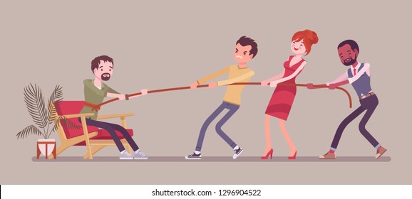 Breaking out of comfort zone to get personal growth. Team of people trying to pull with effort a man with neutral position from cozy home environment, where he feels at ease, safe. Vector illustration