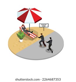 Salir de la zona de confort para conseguir el crecimiento personal 3d concepto de ilustración vectorial isométrica para banner, sitio web, página de inicio, anuncios, plantilla de volante