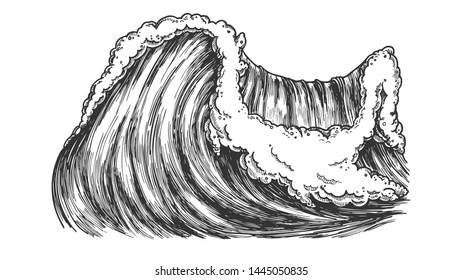 Breaking Pacific Ocean Marine Wave Storm Vector. Enormous Huge Water Wave With Foam Good Place For Extreme Sport Surfing. Nature Aquatic Tsunami Black And White Cartoon Illustration