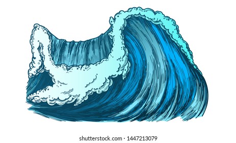 Breaking Pacific Ocean Marine Wave Storm Vector. Enormous Huge Water Wave With Foam Good Place For Extreme Sport Surfing. Nature Aquatic Tsunami Color Illustration