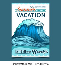 Breaking Pacific Ocean Marine Wave Poster Vector. Enormous Huge Water Wave With Foam Good Place For Extreme Sport Surfing On Advertising Summer Vacation Banner. Nature Aquatic Tsunami Illustration