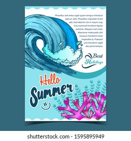 Breaking Pacific Ocean Marine Wave Poster Vector. Enormous Huge Water Wave With Foam Good Place For Extreme Sport Surfing On Advertising Summer Vacation Banner. Nature Aquatic Tsunami Illustration