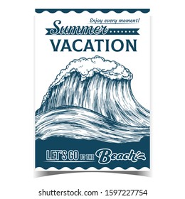 Breaking Pacific Ocean Marine Wave Poster Vector. Enormous Huge Water Wave With Foam Good Place For Extreme Sport Surfing On Advertising Summer Vacation Banner. Monochrome Aquatic Tsunami Illustration