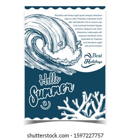 Breaking Pacific Ocean Marine Wave Poster Vector. Enormous Huge Water Wave With Foam Good Place For Extreme Sport Surfing On Advertising Summer Vacation Banner. Nature Monochrome Tsunami Illustration