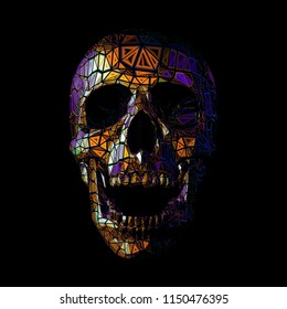 Breaking polygonal art skull head in tribal style with line art in purple and orange color tone isolated on dark background for halloween