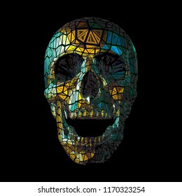 Breaking polygonal art skull head in tribal style with line art in blue green and orange yellow color tone isolated on dark background for halloween