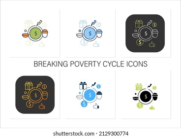 Rompiendo los íconos del ciclo de la pobreza. Prestación por desempleo. Asistencia del Estado. Concepto de ingresos básicos universales. Colección de iconos en estilos de color lineales, rellenos.Isoladas ilustraciones vectoriales 