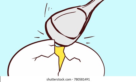 Breaking a raw egg with special cooking utensil. Full color vector sketch isolated at blue. Cartoon concept.