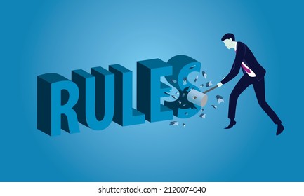 Breaking The Rules Concept, Businessman Hitting Word Of Rules With Hammer