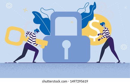 Breaking Security System, Illegal Access to Personal, Confidential Information, Business Data, Stealing Money Online Trendy Flat Vector Concept. Thief in Mask Unlocking Padlock with Key Illustration