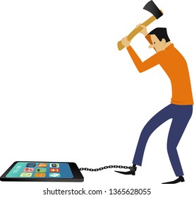Breaking smartphone addiction. Man chopping off a smartphone chained to his leg, EPS 8 vector illustration