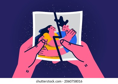 Rompre et séparer le concept. photo brisée de jeune couple heureux signifiant divorce en conflit et fin de relation illustration vectorielle 