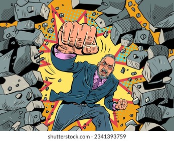 Breaking stereotypes, overcoming obstacles. The emergence of new unexpected discounts. A man in a suit breaks a wall with his fist. Pop Art Retro Vector Illustration Kitsch Vintage 50s 60s Style