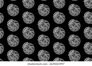 breaking system with disc break on break caliper engraving line art retro seamless pattern on black background for sport, automotive, garage, spare part, industry