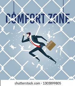 Breaking through. Businessman escaping through the comfort zone. Business Concept Vector