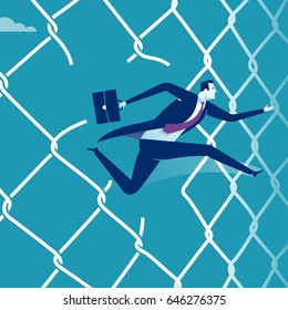 Breaking through. Manager escaping through the fence. Concept business illustration.