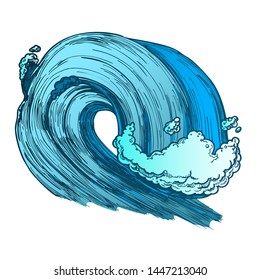 Breaking Tropical Sea Marine Wave Storm Vector. Giant Foamy Water Wave Tunnel For Coastline Extreme Activity Surfing. Motion Nature Aquatic Tsunami Color Hand Drawn Illustration