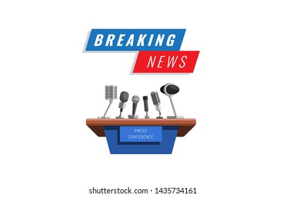 Breaking, urgent news vector illustration in flat style isolated on white background. Concept press conference